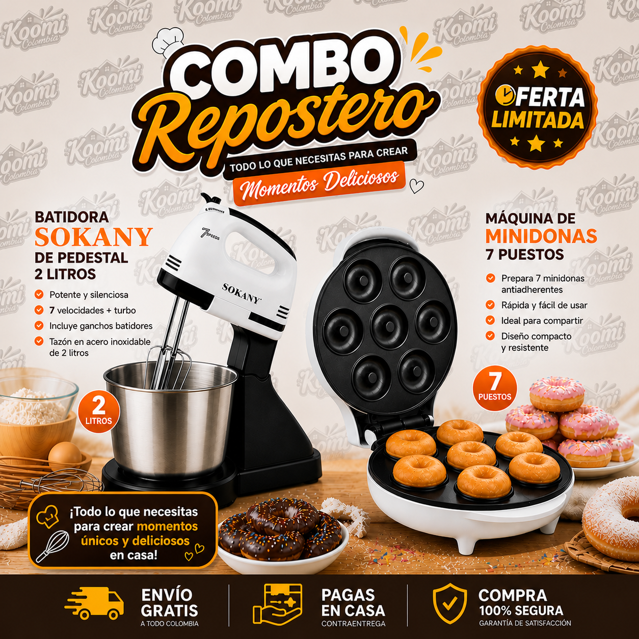 Batidora Sokany con pedestal + Máquina Mini Donas 7 Puestos | Combo Repostería