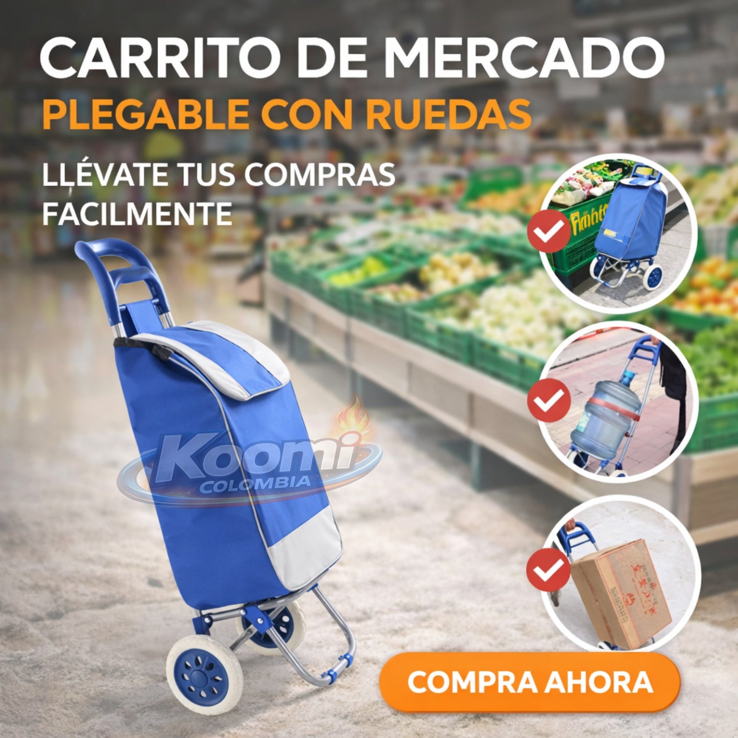Carrito de Mercado Plegable con Ruedas Resistente y Fácil de Transportar.