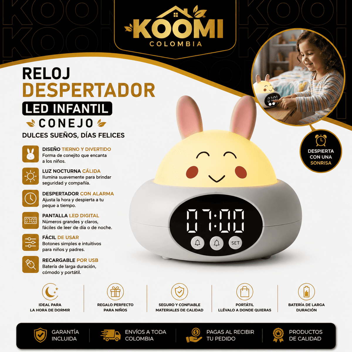 Reloj Despertador LED Infantil Conejo | Koomi Colombia