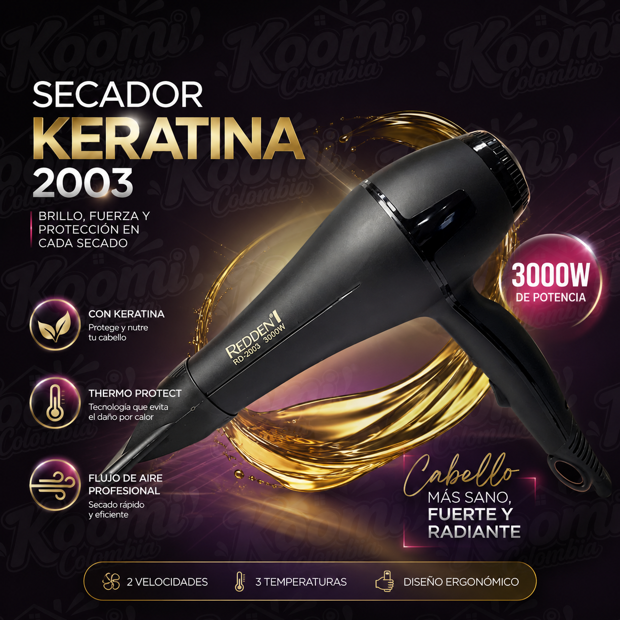 Secador Keratina 2003 Profesional | Cabello Liso, Brillante y Sin Frizz
