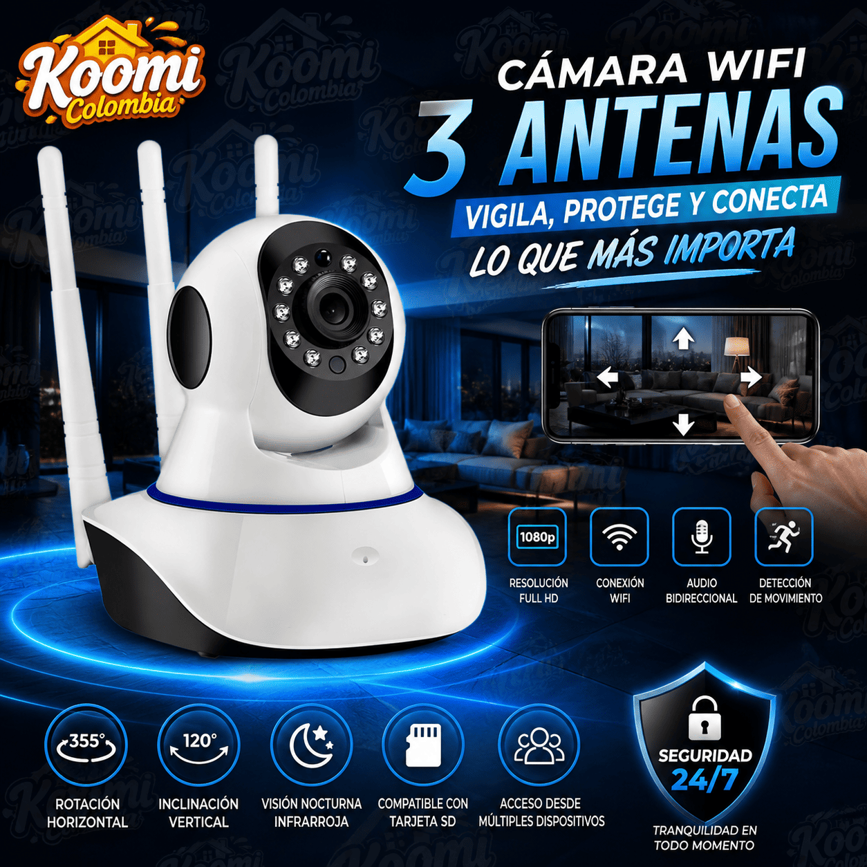 Cámara WiFi 3 Antenas Seguridad HD con Monitoreo en Tiempo Real