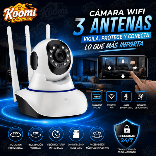 Cámara WiFi 3 Antenas Seguridad HD con Monitoreo en Tiempo Real
