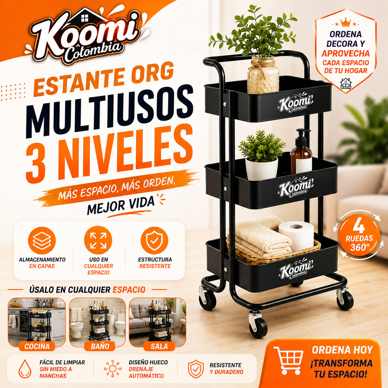 Estante Organizador Multiusos 3 Niveles Negro | Ahorra Espacio y Organiza Fácil
