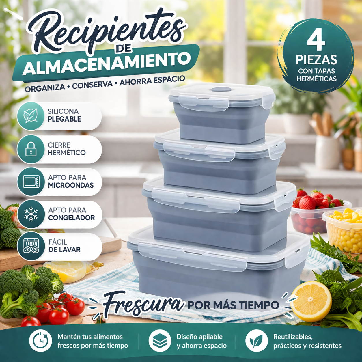Recipientes de Almacenamiento x4 Unidades | Organizadores Herméticos Cocina