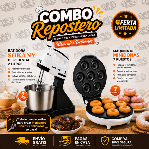 Batidora Sokany con pedestal + Máquina Mini Donas 7 Puestos | Combo Repostería
