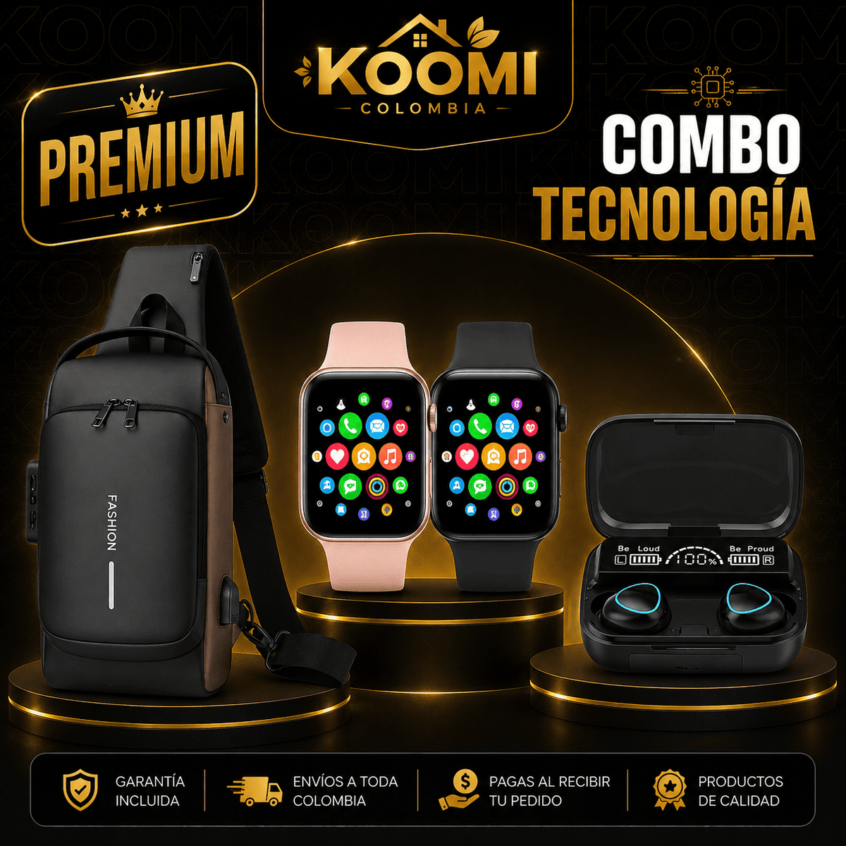 Combo Premium Bolso Antirrobo + Reloj T500 Smartwatch + Audífonos M10 | Koomi Colombia