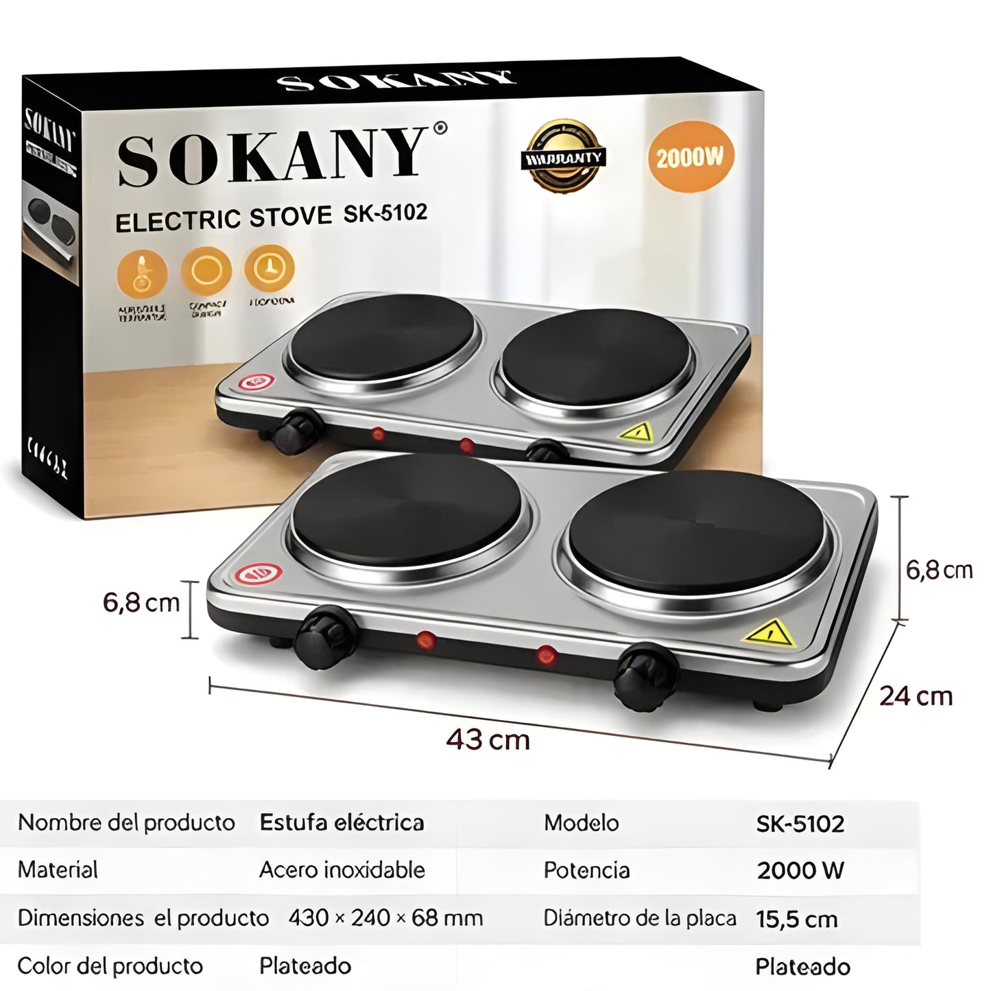 Estufa Eléctrica 2 Quemadores Sokany | Cocina Rápida, Compacta y Potente