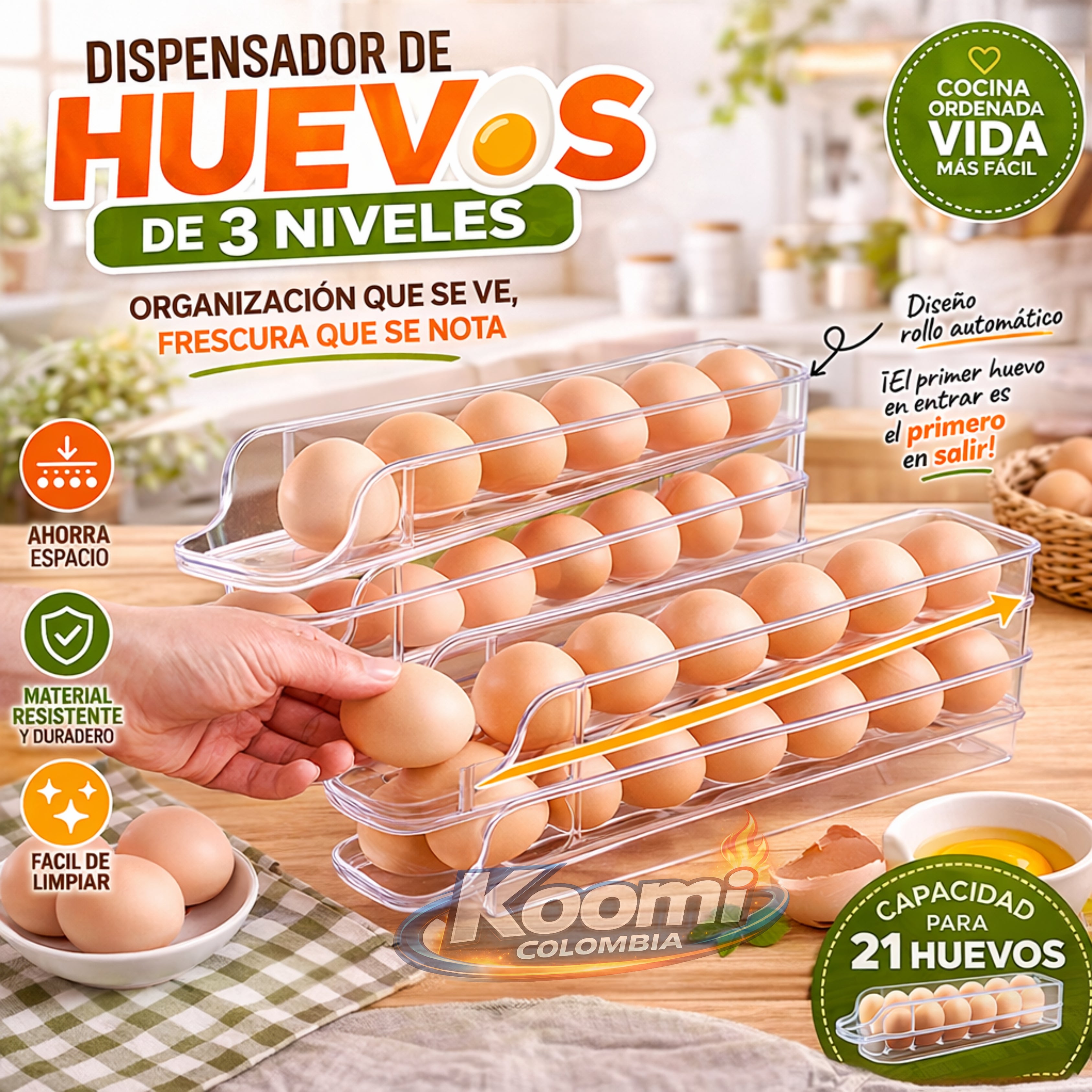 Dispensador de Huevos de 3 Niveles Transparente | Ahorra Espacio y Organiza tu Cocina