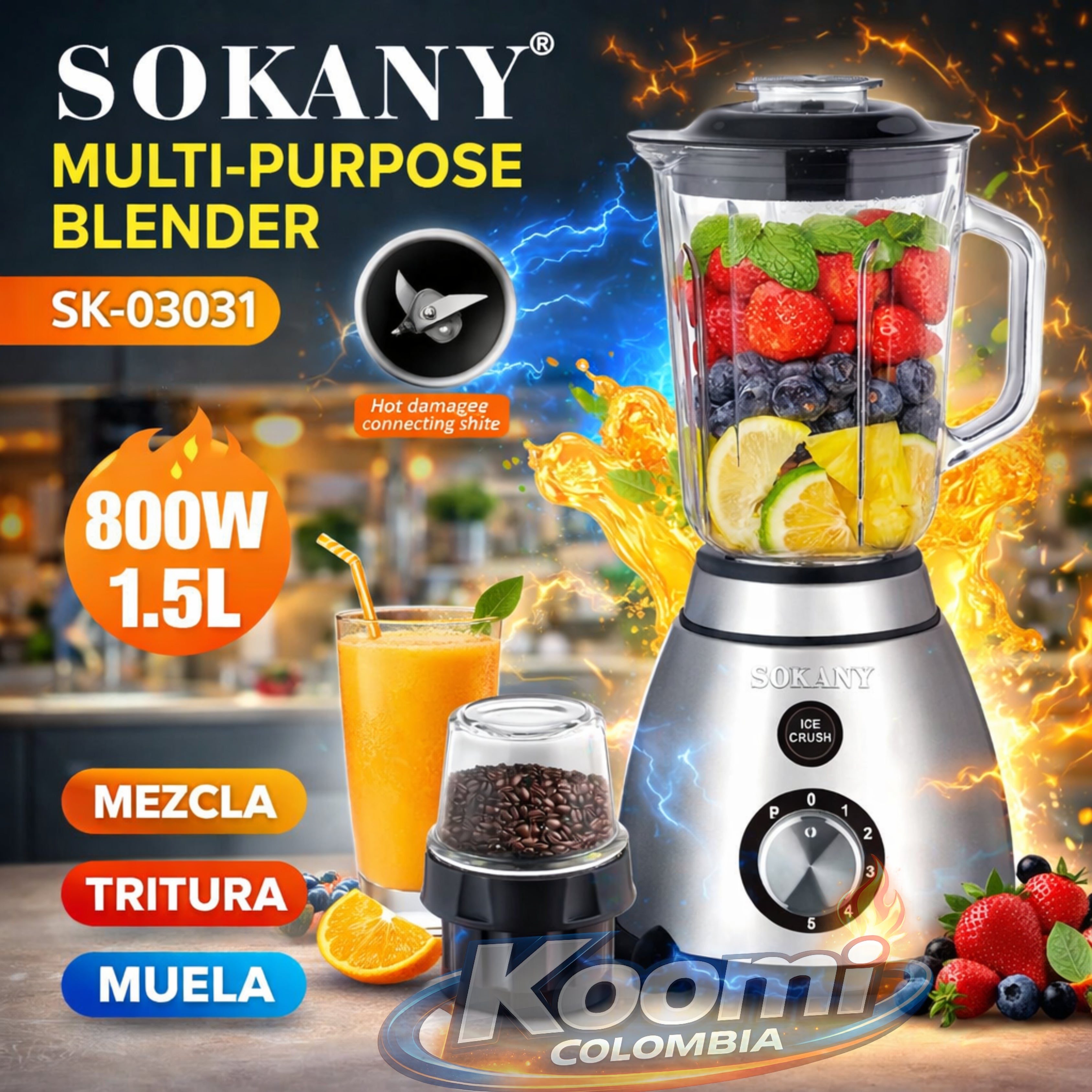 Licuadora Sokany SK03031 800W 1.5L | 5 Velocidades y Función 2 en 1