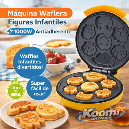 Mini Waflera Amarilla Figuras Infantiles 1000W Antiadherente | Rápida y Divertida