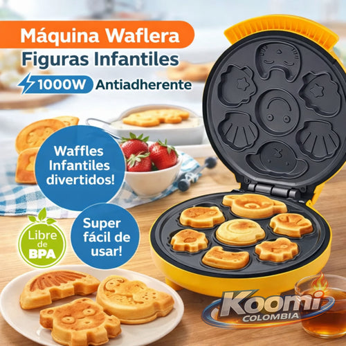 Mini Waflera Amarilla Figuras Infantiles 1000W Antiadherente | Rápida y Divertida
