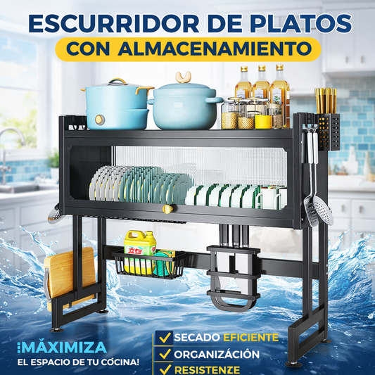 Escurridor de Platos con Tapa y Almacenamiento | Organizador de Cocina Práctico