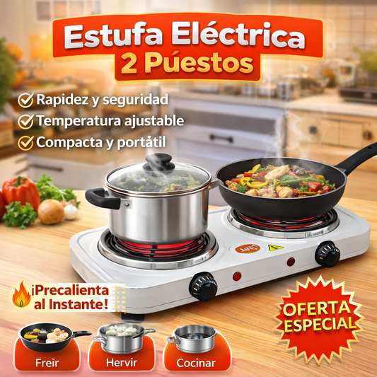 Estufa Eléctrica 2 Puestos | Compacta, Potente y Fácil de Usar