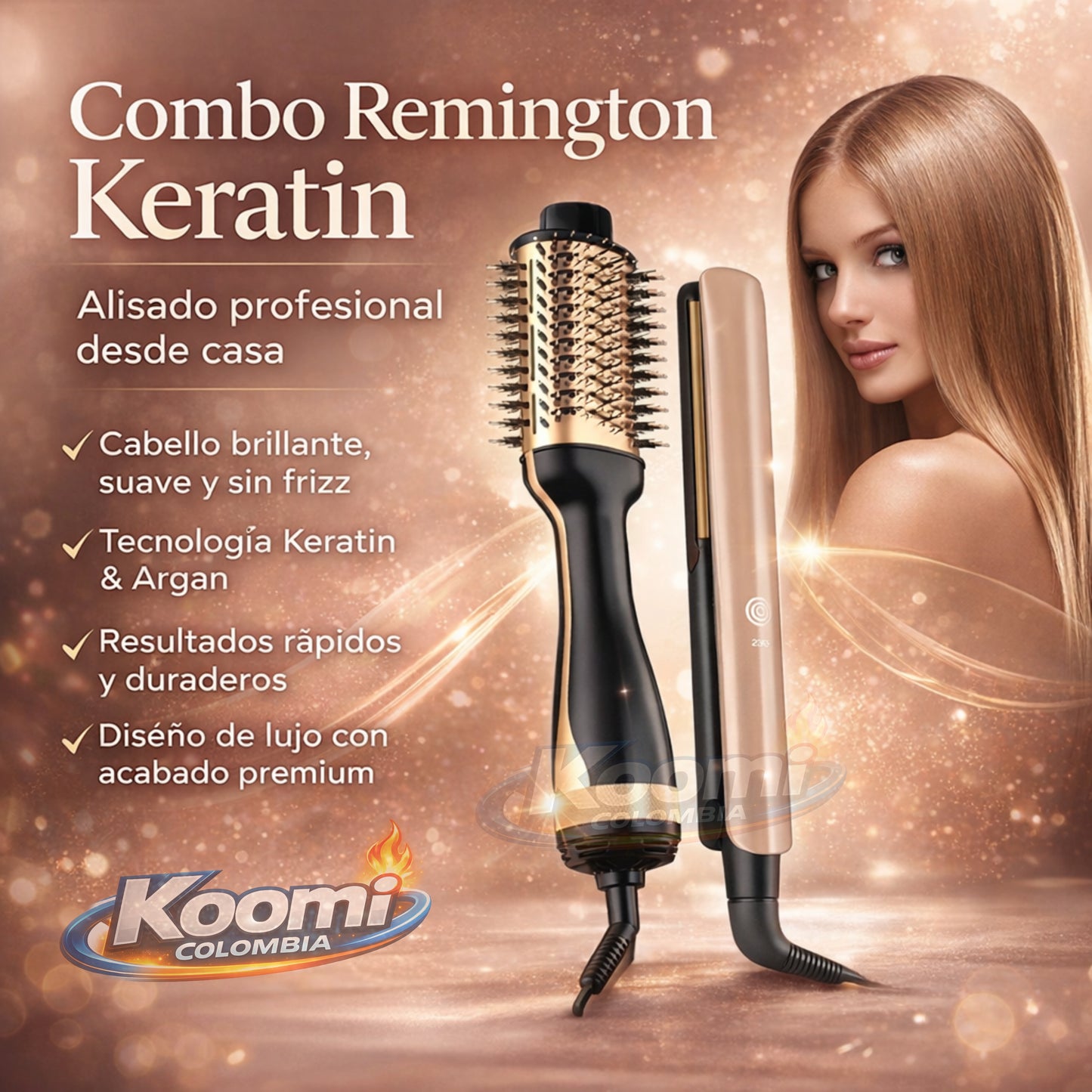 Combo Remington Keratin Plancha + Cepillo Alisador Cabello Liso y Brillante