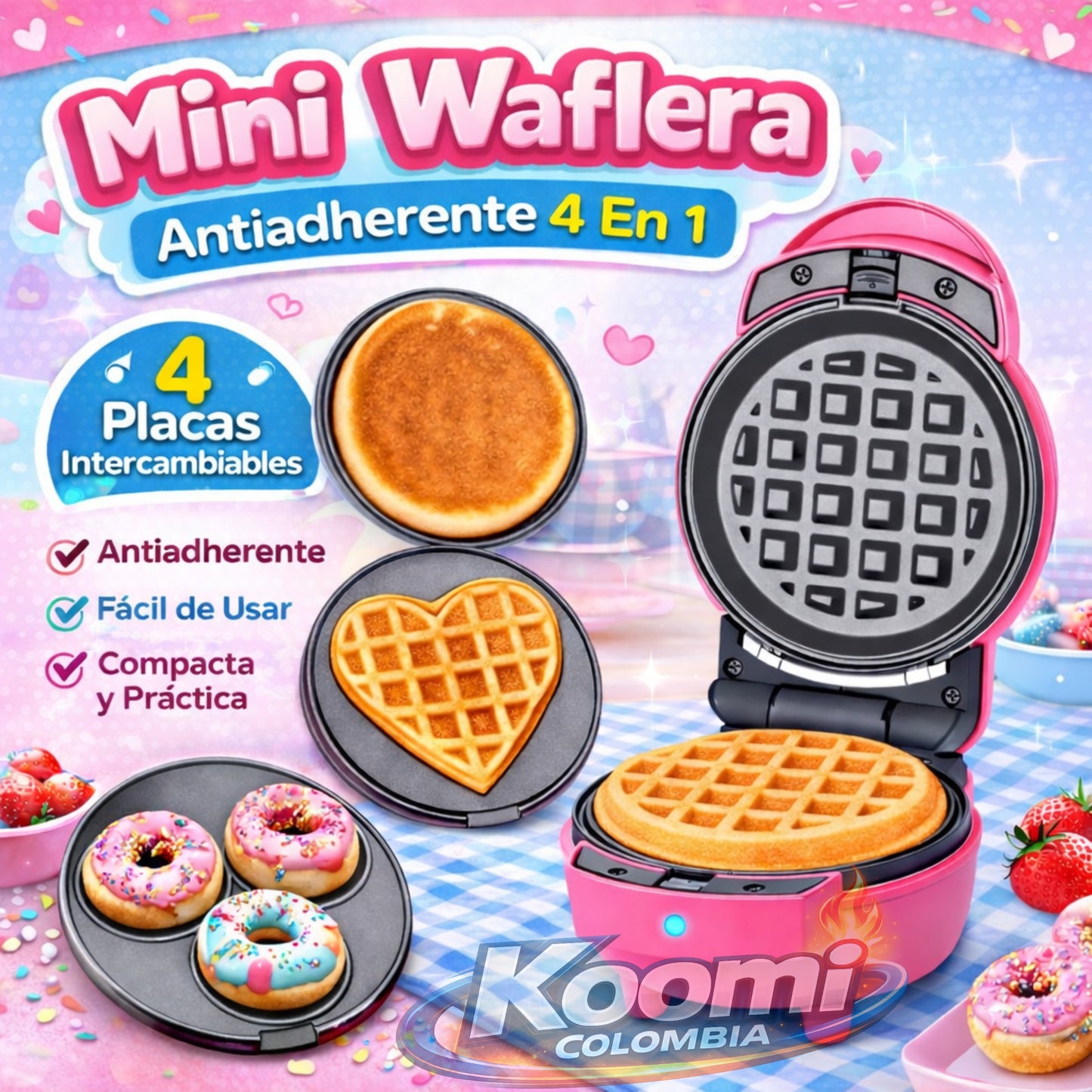 Mini Waflera Antiadherente 3 en 1 | Compacta, Rápida y Multifuncional
