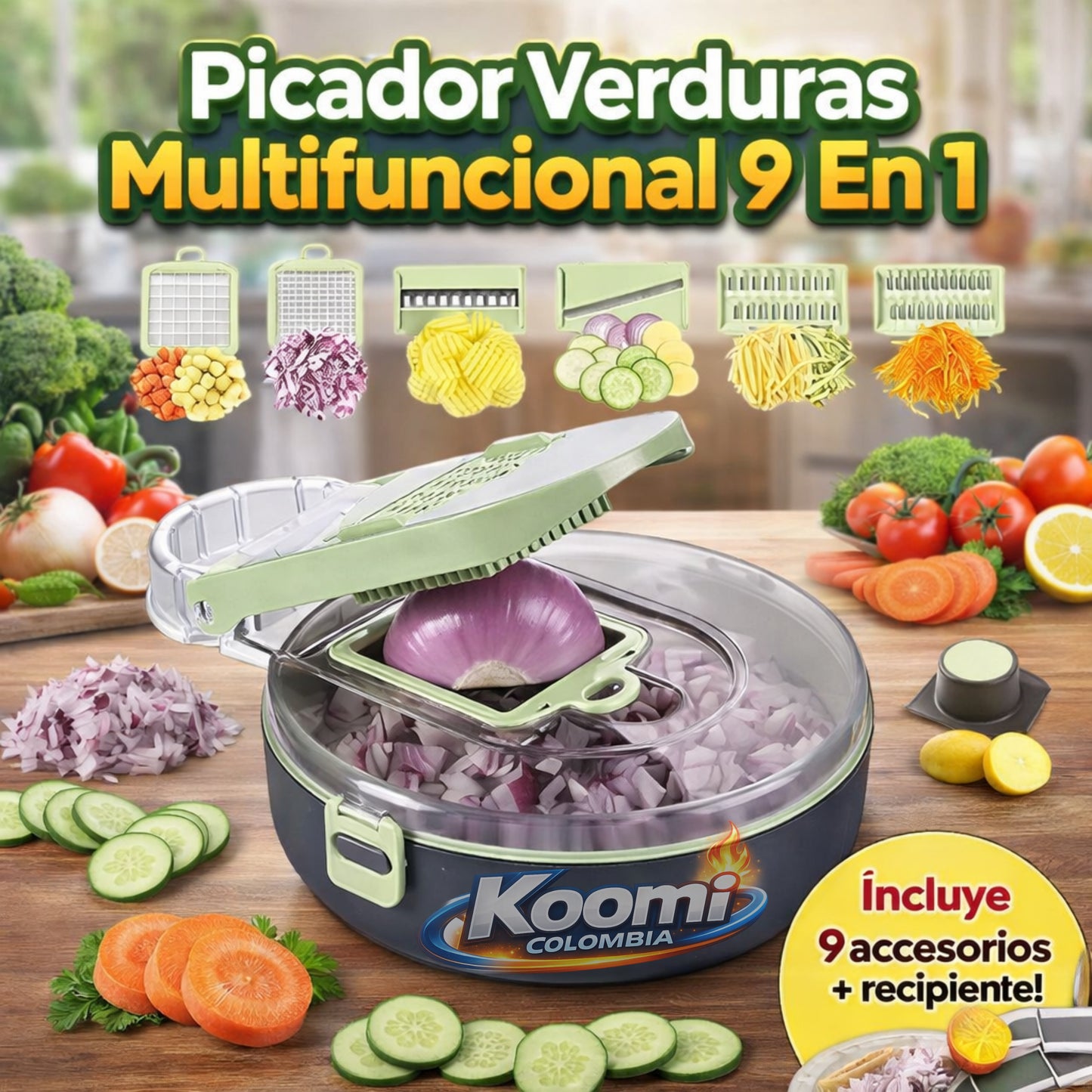 Picador de Verduras Multifuncional 9 en 1 | Cocina Rápido y Sin Esfuerzo